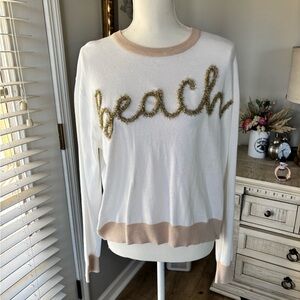 Queen of Sparkles white and tan Beach shirt sweater size small EUC